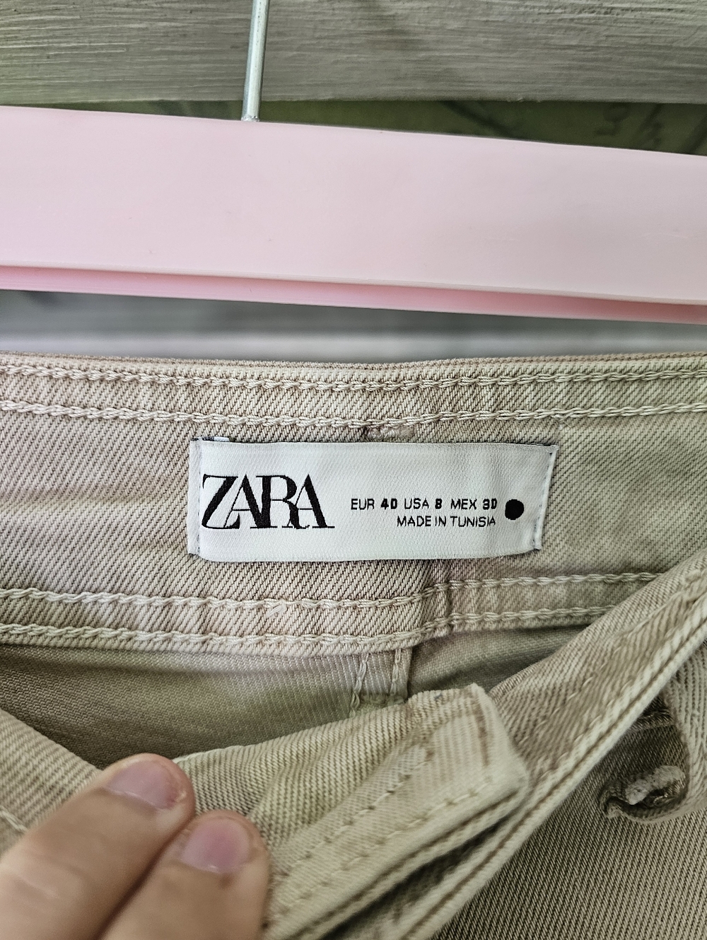 ZARA Marine Straight Patch Pocket Jean Sz 8 Wide Leg Raw Hem Beige Stone - Picture 10 of 14